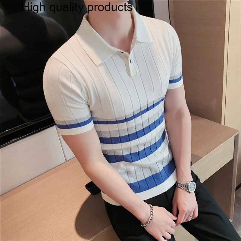 

2023 British Style Men's Fashion Lce Silk Stripe Knitting POLO Shirts/Male Slim Fit Short Sleeve Leisure Shirts S-3XL