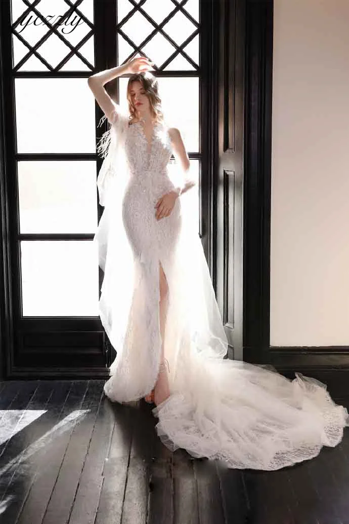 

Yczzly свадебное платье с открытой спиной с накидкой с V-образным вырезом без рукавов Кружевное Свадебное платье с кристаллами разрезом Robe De Mariage YW245