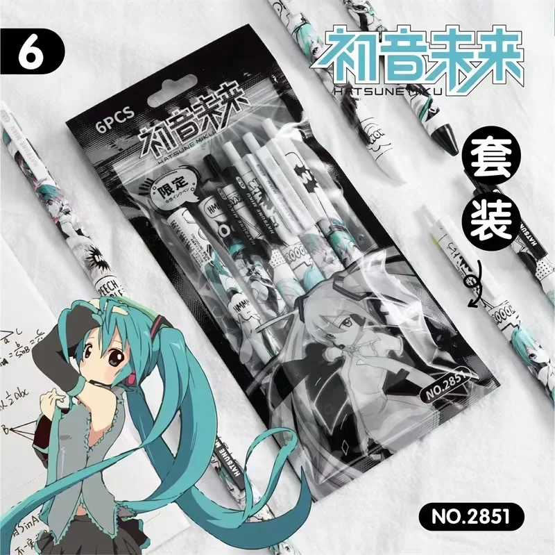 Фото 6 шт. Hatsune Miku милая гелевая ручка с рисунком углерода черного цвета 0,5 мм быстросохнущая ручка для экзамена офисный подарок школьные принадлежности канцелярские товары целиком №2