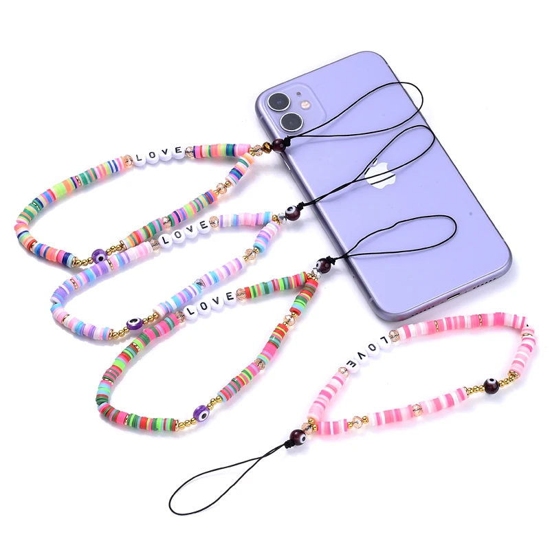 New Mobile Phone Jewelry Acrylic Letter Clay Polymer Spacer Beaded Mobile Phone Chain for Lady Girl Anti-Lost Lanyard Jewelry