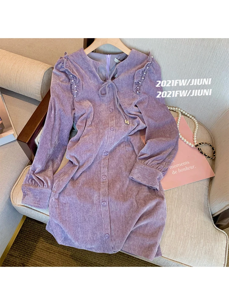 

French Vintage Purple Color Women Dress Pleated Tie Up Autumn Pearl Decoration Frocks Baggy Long Sleeve 2022 Simple Elegance