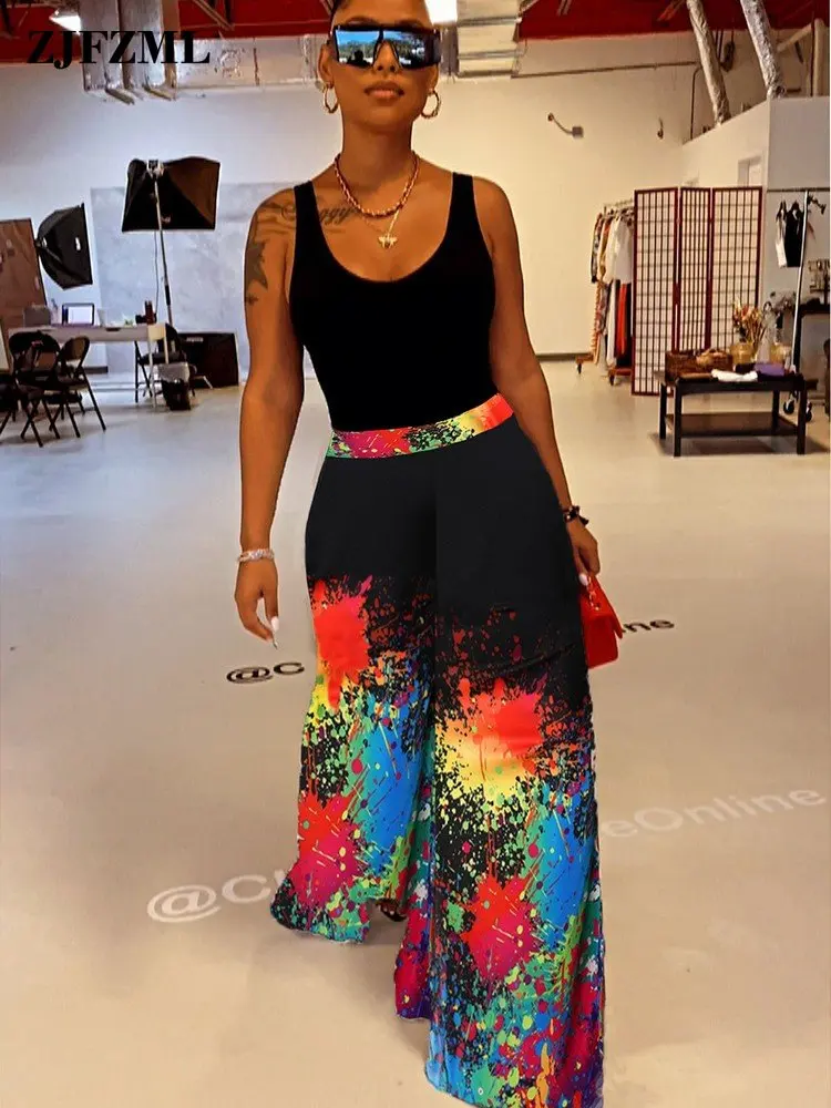 

Женские брюки с широкими штанинами Splash-ink, винтажные прямые брюки с эластичным поясом, уличные леггинсы до пола с принтом