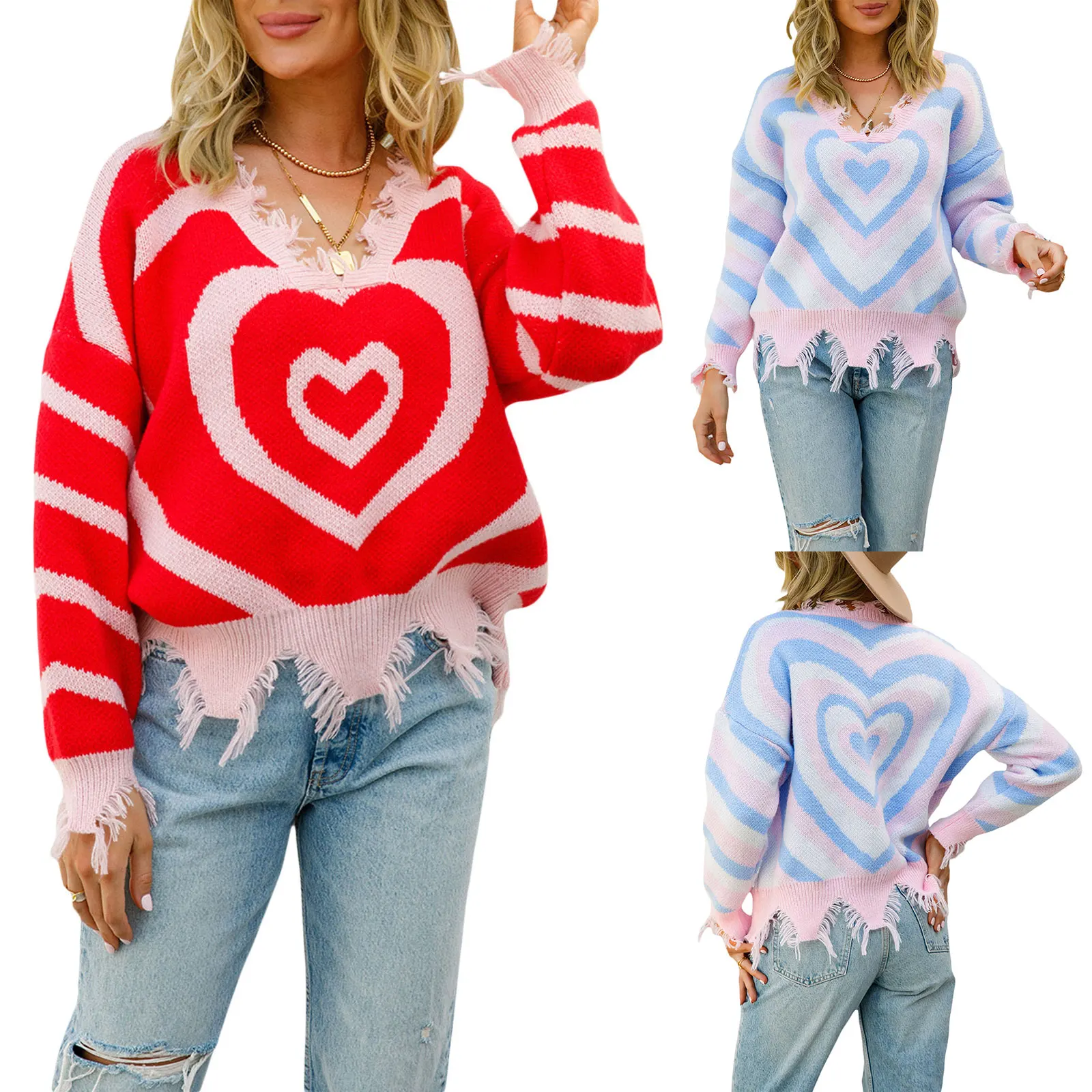 

Women's Fashion Trend Autumn Winter Knitted Pullover Long Sleeve V Neck Heart Print Knitwear Sweater