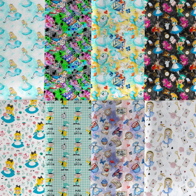 

45*145cm cartoon polyester cotton alice in the wonderland Fabric for Tissue Kids HomeTextile Doll Clothes Wedding Dress 2543