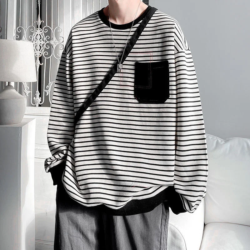 

Футболка мужская с длинным рукавом, свитер в полоску, Повседневная рубашка с круглым вырезом и карманами, на осень