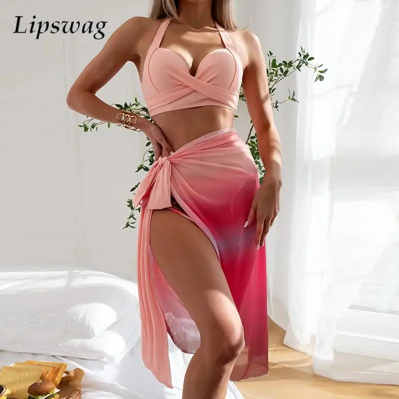 

Sexy Swimwear Bathing Suit Summer Gradient Bikini Set and Lace-up Cover-up Skirt 3 Piece Set Halter Bikini Swimsuit Woman 2023