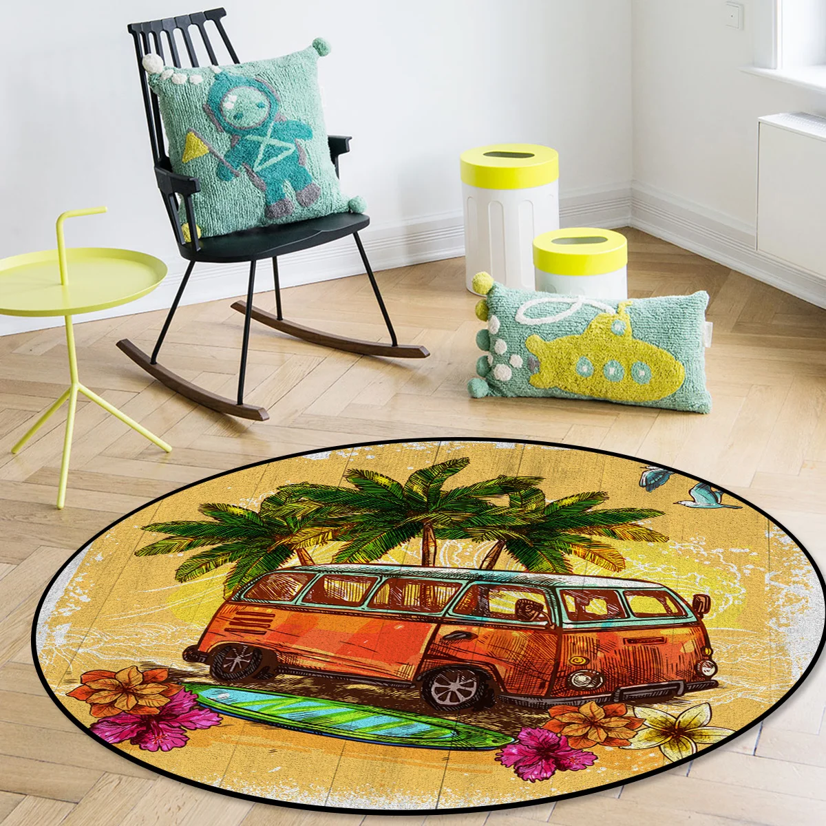 

Bus Surfboard Coconut Tree Wood Grain Round Carpets for Entrance Home Decoration Carpet for Bedroom Rug In The Living Room