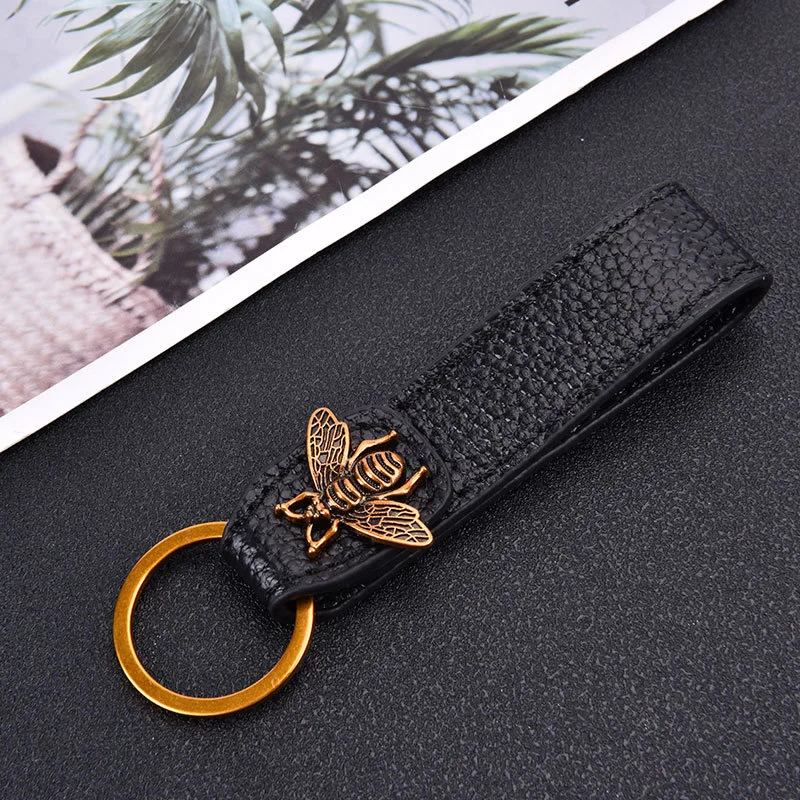 Fashion Brand Luxury Design Key Chains High-end Golden Bee Leather Business Car Keychain for Men New Anti-Lost Wristband Keyring images - 6