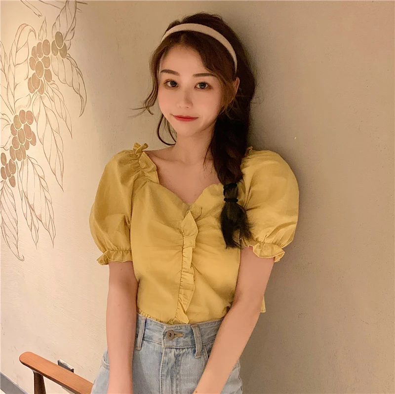 

Slim Solid V-neck Fashion Short Sleeve Puff Sleeve Short Design Simple Casual Street Women Top Blouses