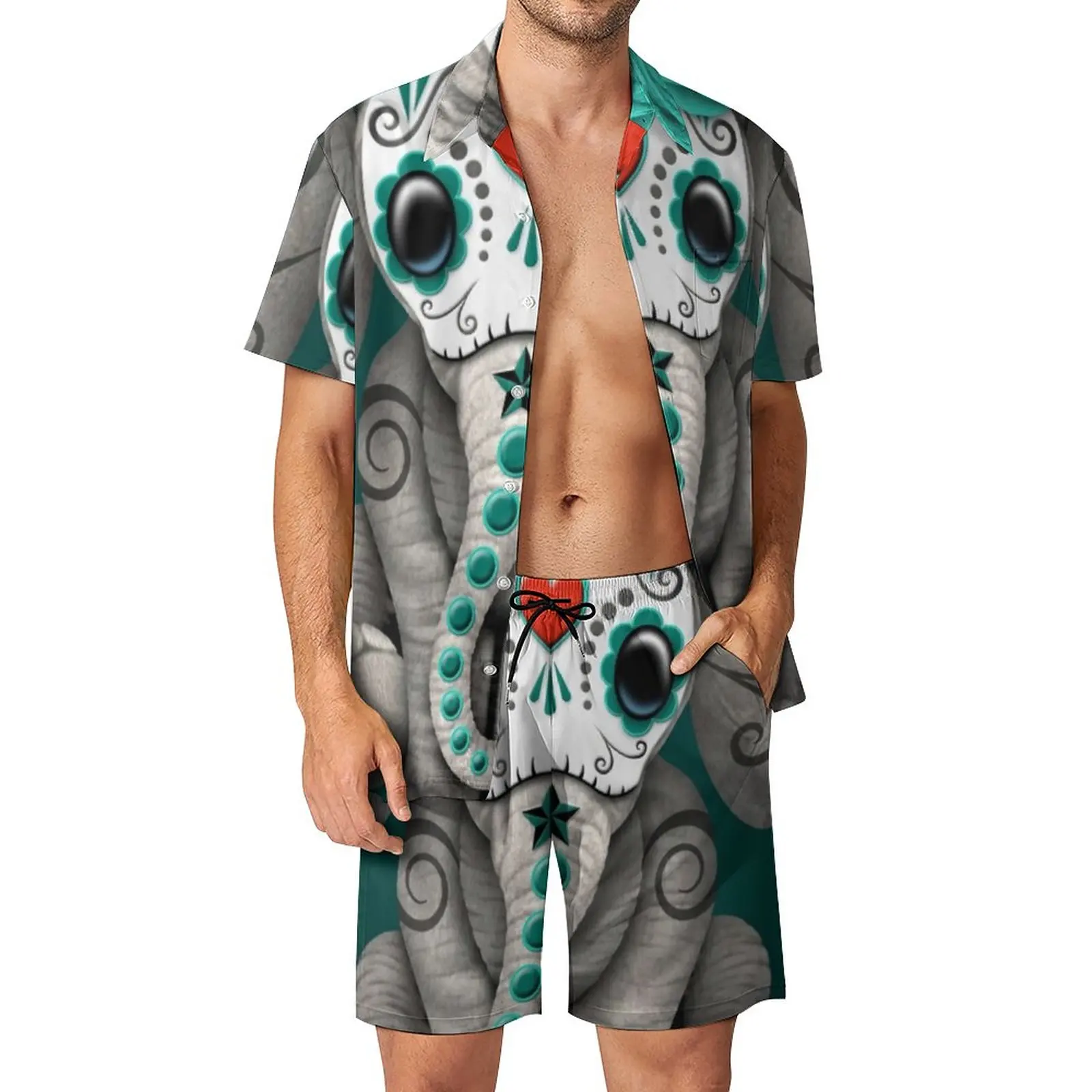 

Мужские комплекты для отпуска с изображением сахарного черепа слона Повседневная рубашка для дня мертвецов летние графические шорты комплект из 2 предметов Гавайский костюм