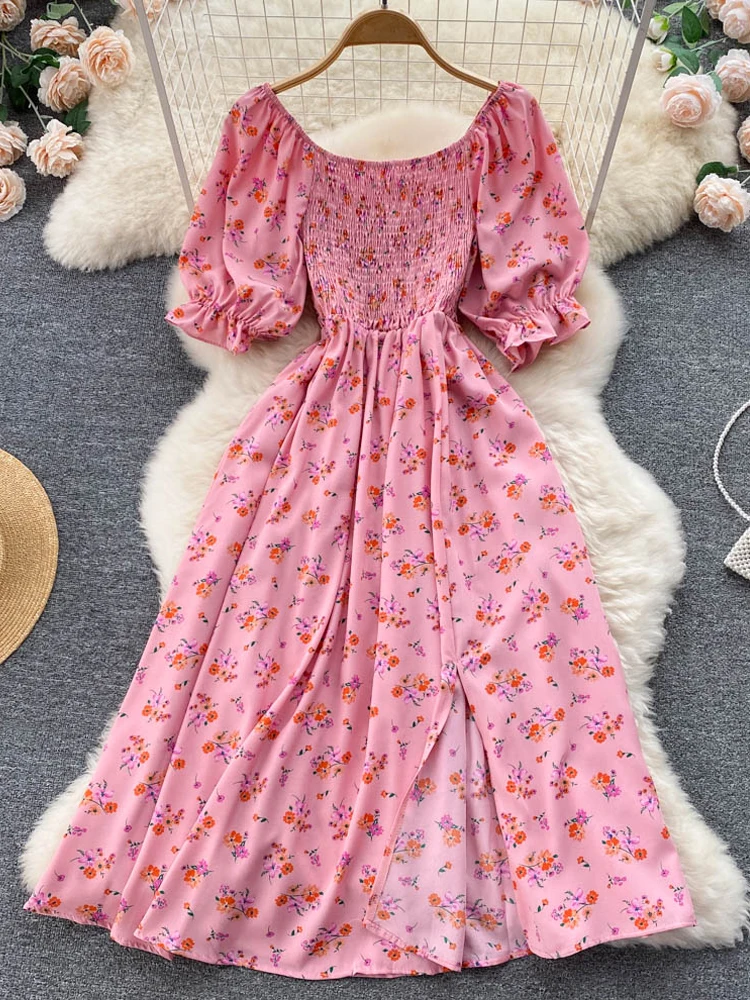 

Women's Fashion Romantic Floral Split Long Party Chic French First Love Sweet Short Skirt High Waist Puff Sleeve Floral Women