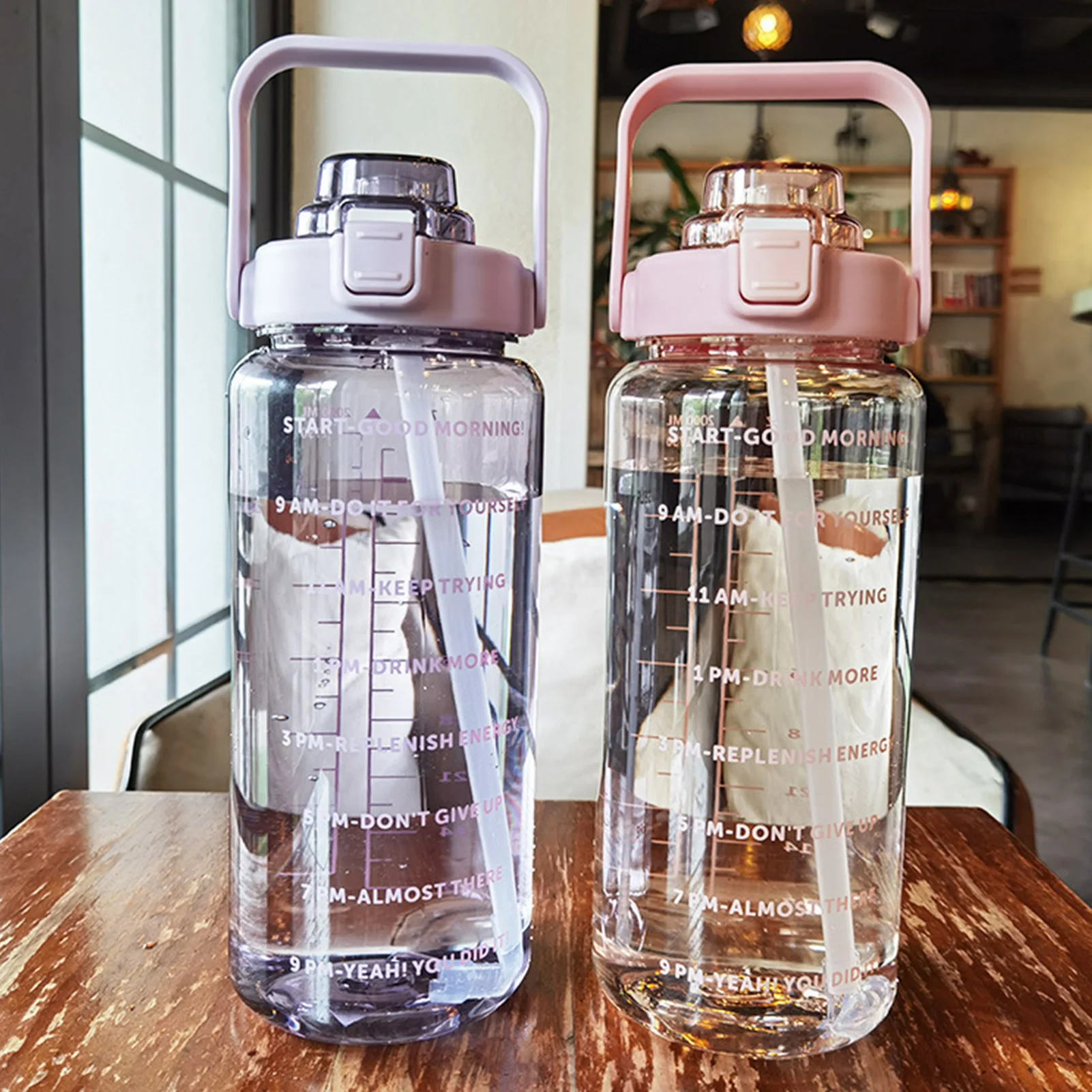 

2L Portable Large-Capacity Water Bottle Time Marker Leak-Proof Cup Drinking Bottle With Straw Outdoor Sports Travel Kettle