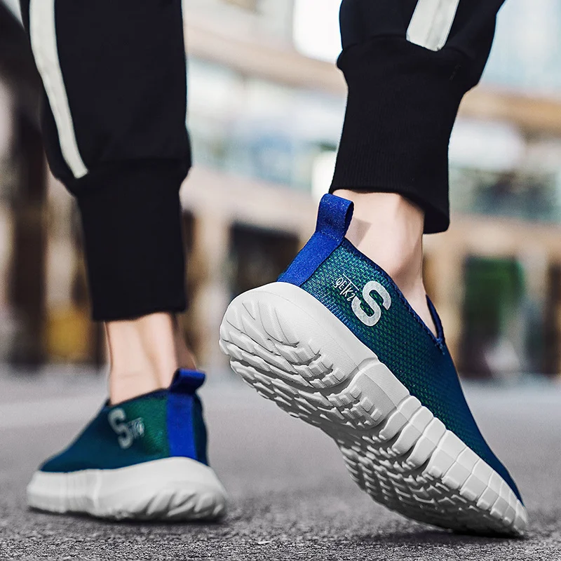 Summer Hot Cheap Blue Men's Sock Sneakers Mesh Breathable Running Shoes for Man Light Slip-on Athletic Shoes Men Big Size 46