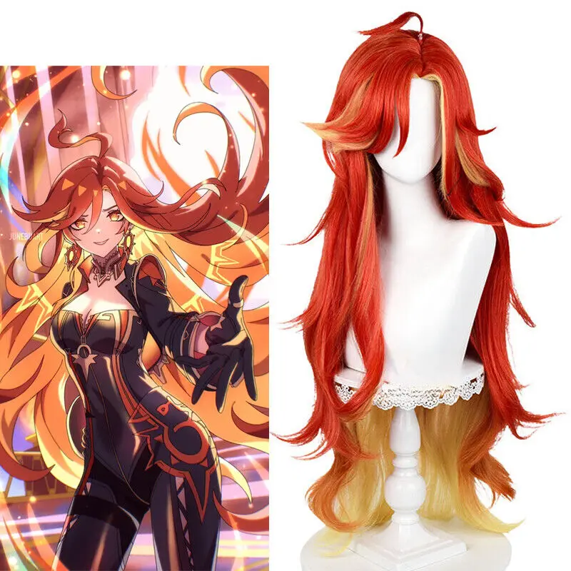 Genshin Impact Natlan Mahuika Косплей Парики 100 см Красные Смешанные Светлые Синтетические