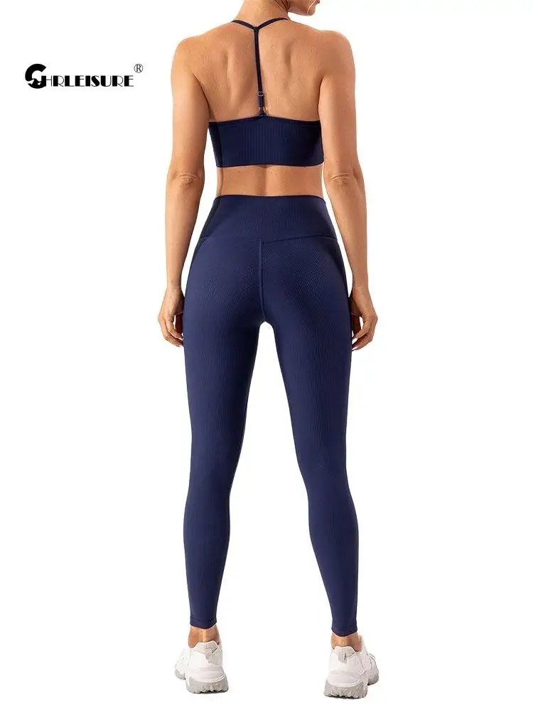 

CHRLEISURE нить костюм для йоги бесшовный спортивный наряд красивый бюстгальтер для бега сзади с v-образным вырезом на талии леггинсы для тренир...