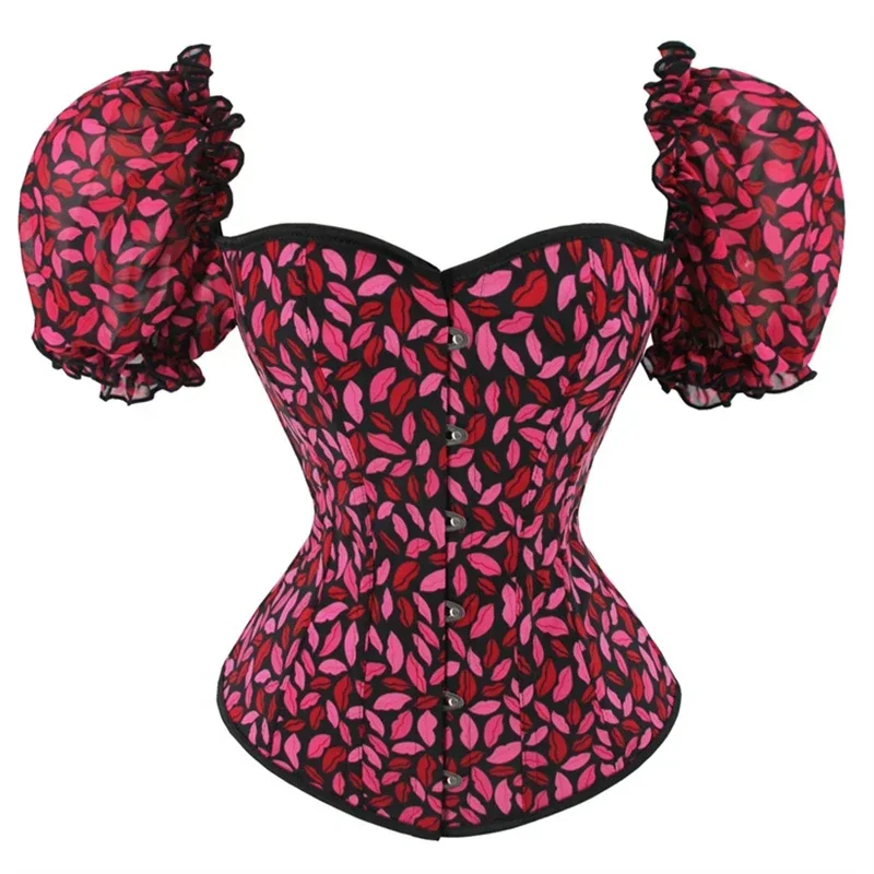 

Women Sexy Ruffle Short Sleeve Slimming Corset Top Red Lips Prints Body Shaper Overbust Bustier Gothic Corselet