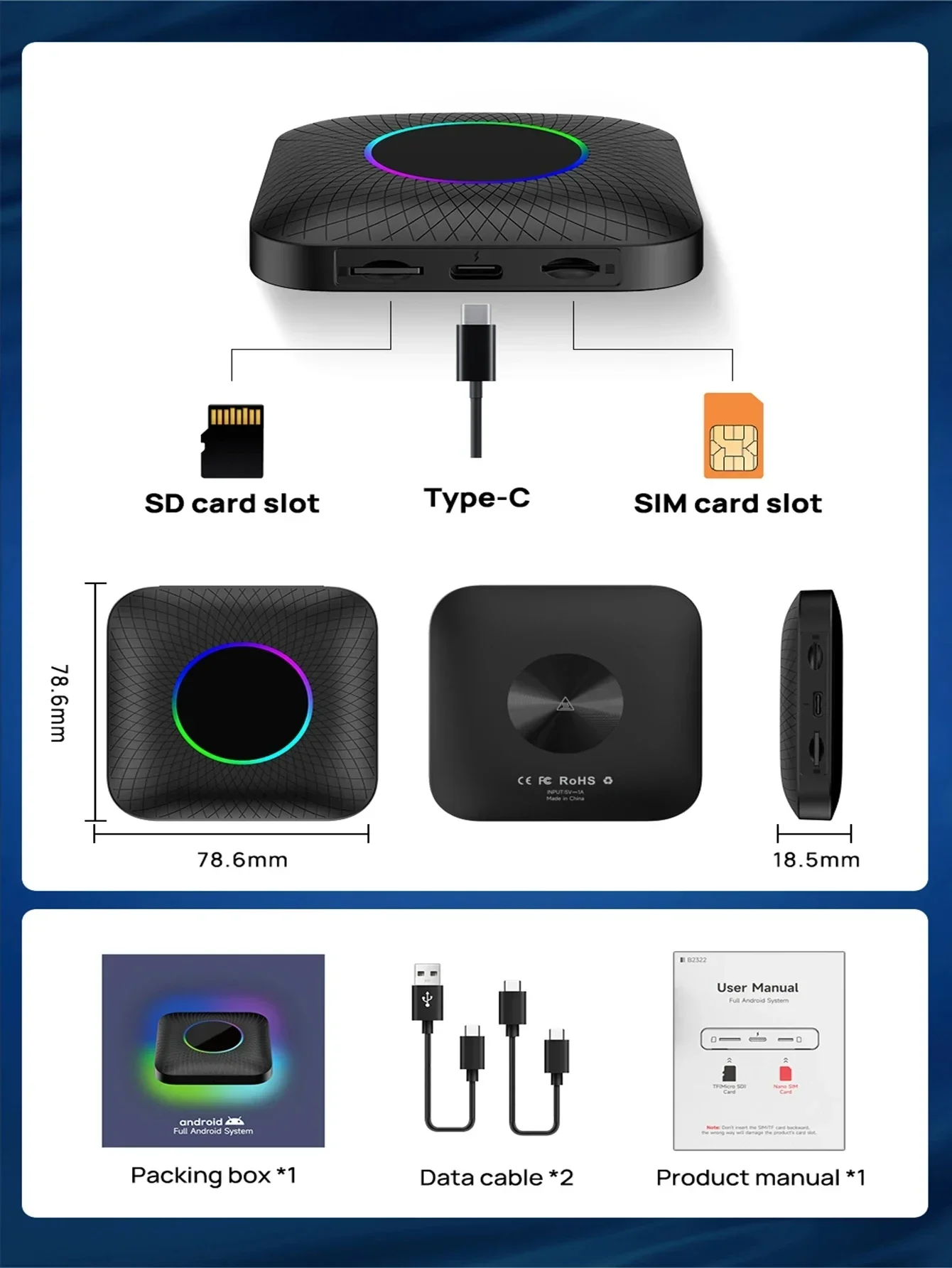 CPC200-TBOX LED Carplay AI Box carlinkit tbox окружающая Android 13 8 + 128 ГБ QCM6225 8-ядерный беспроводной