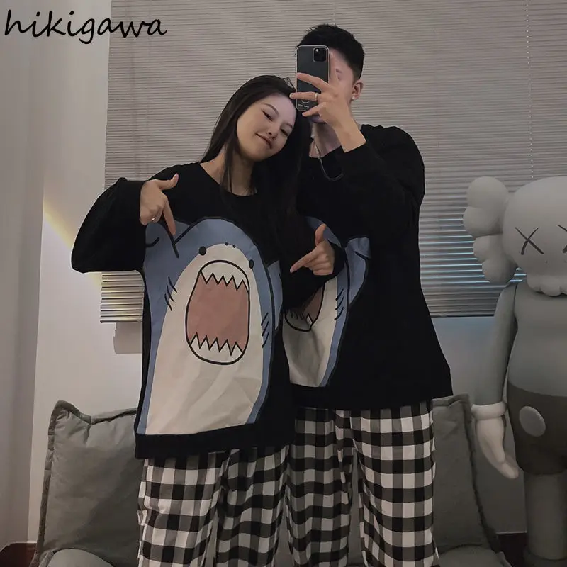 Hikigawa Милая женская пижама с принтом акулы осенняя черная Пижама для пар кавайная