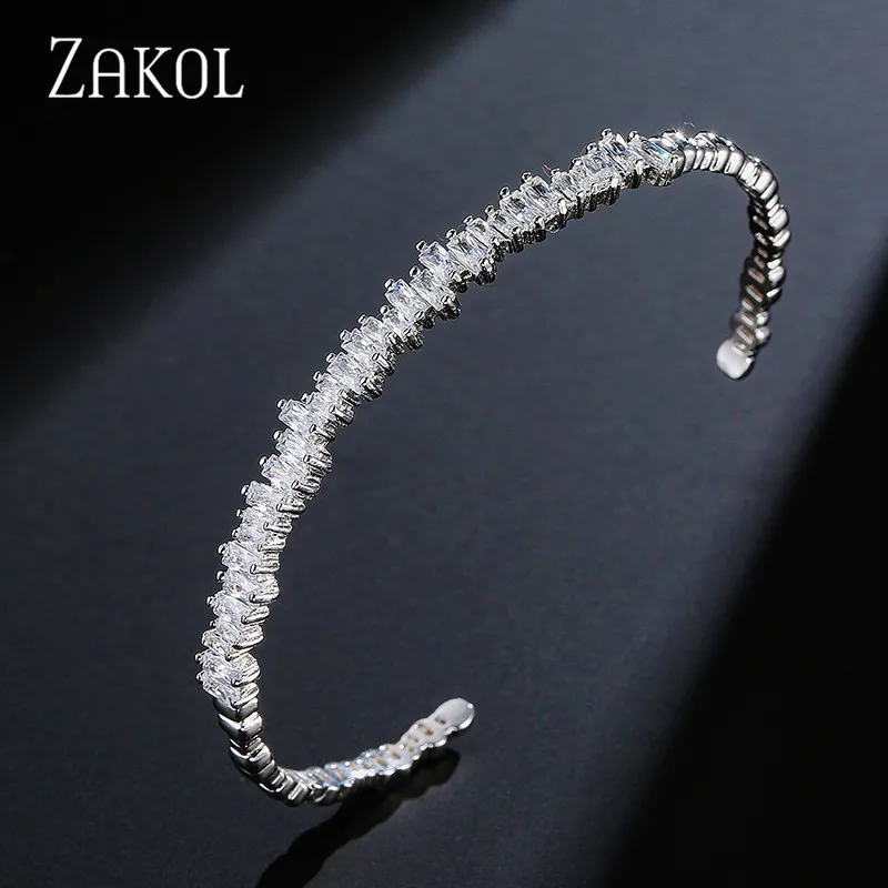 

ZAKOL Fashion T Cubic Zirconia Cuff Bangles for Women Trendy Baguette Men Open Bracelet Bangle Geometry Girl Party Jewelry