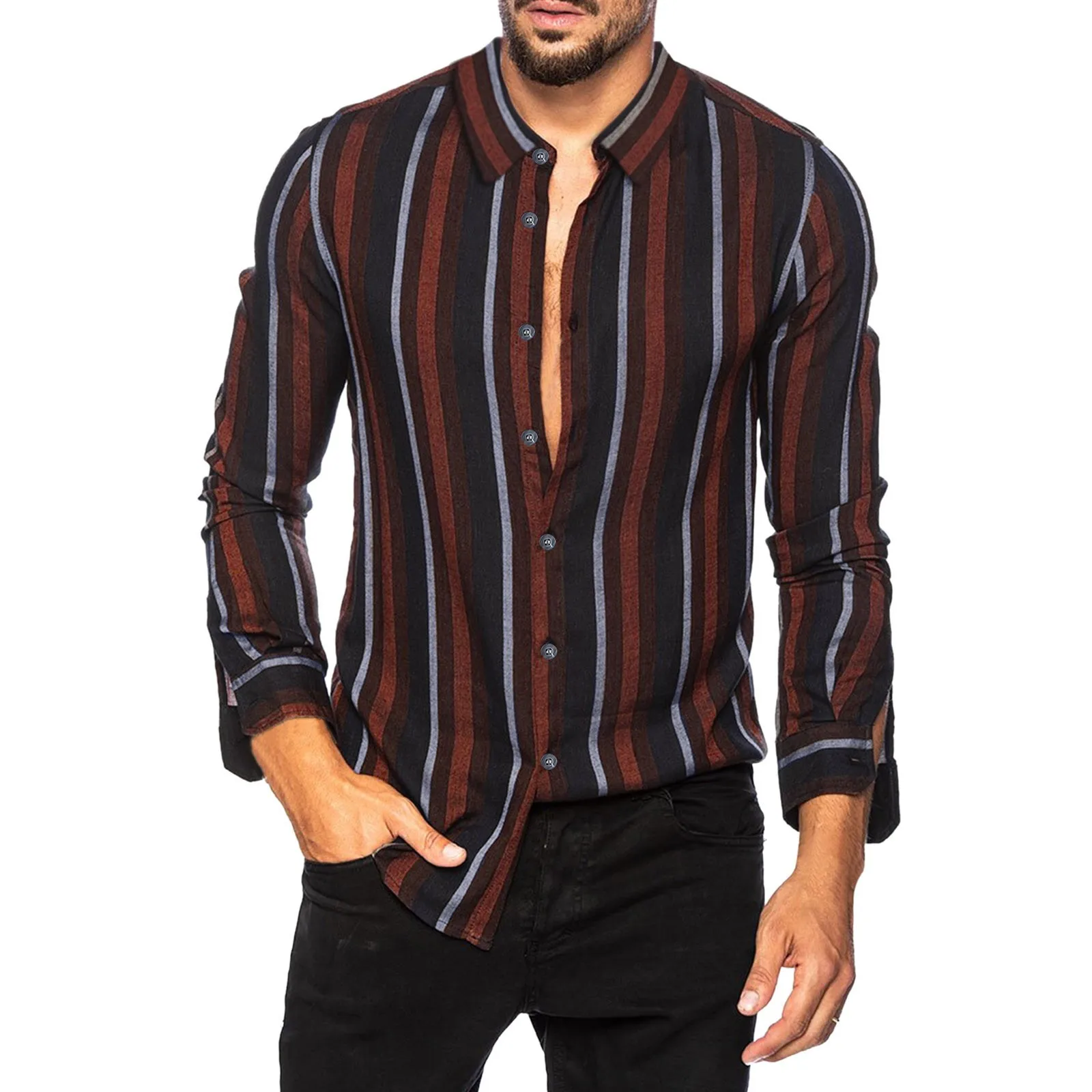 

Mens Active Tee Shirts Cardigan Men's Lapel Multicolor Shirt Shirt Striped Valentines Day Shirts Men Mens Button up Long Sleeve