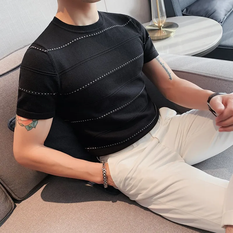 

Футболка мужская Трикотажная в полоску, Классическая Повседневная приталенная рубашка с коротким рукавом, с круглым вырезом, уличная одежд...