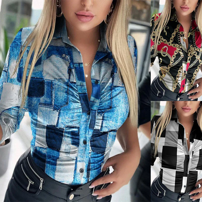 

Casual Shirt for Women Long sleeves Printing Turn-down Collar Shirts Slim Coat Buttons Girls