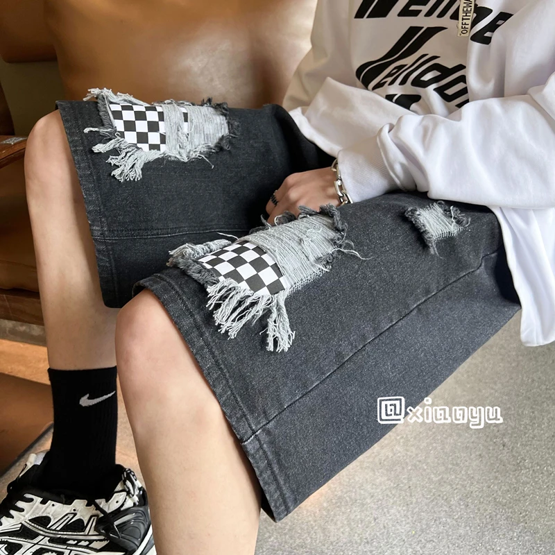 Summer Patchwork Jeans Shorts for Men Korean Fashion Trends Ripped Streetwear Bottoms Teen Baggy Denim Short Pant Casual Clothes