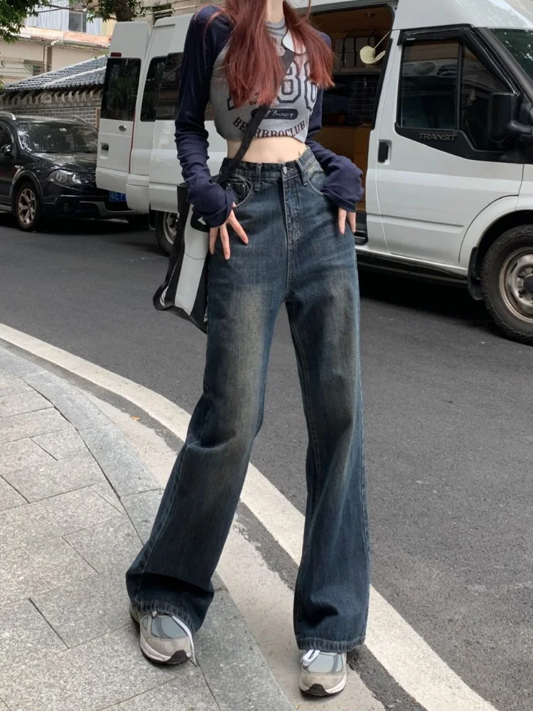 

Deeptown Vintage Korean Style Flare Jeans Women Baggy Denim Trousers Y2k Streetwear Wide Leg Pants High Waist Female Fashion