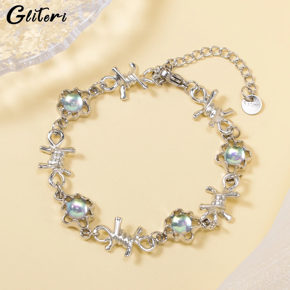 

GEITERI INS Style Hiphop Moonstone Thorn Bracelets For Women Men Girls Silver Color Stone Crystal Chain Bangles Punk Jewelry New