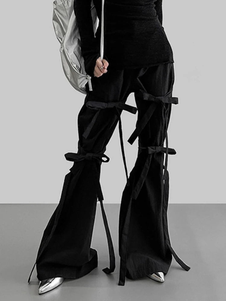 

Брюки-карго женские с бантом, шикарные мешковатые брюки с завязкой, уличный Готический стиль, черные расклешенные брюки с высокой талией, повседневные свободные штаны, Y2k