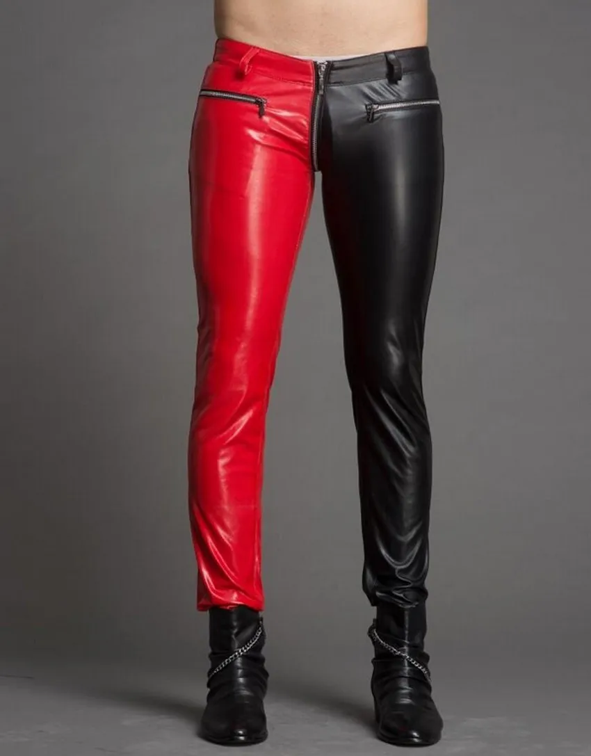 Men's New Slim Fashion Faux Leather Pants Zipper Personality Color Block Tight-fitting Plus Size Male Trousers Singer Costumes
