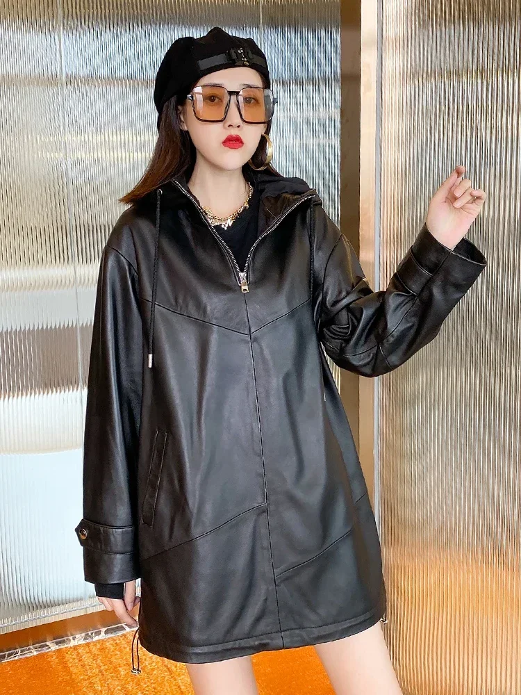 Куртка женская из натуральной овечьей кожи Повседневная Черная байкерская