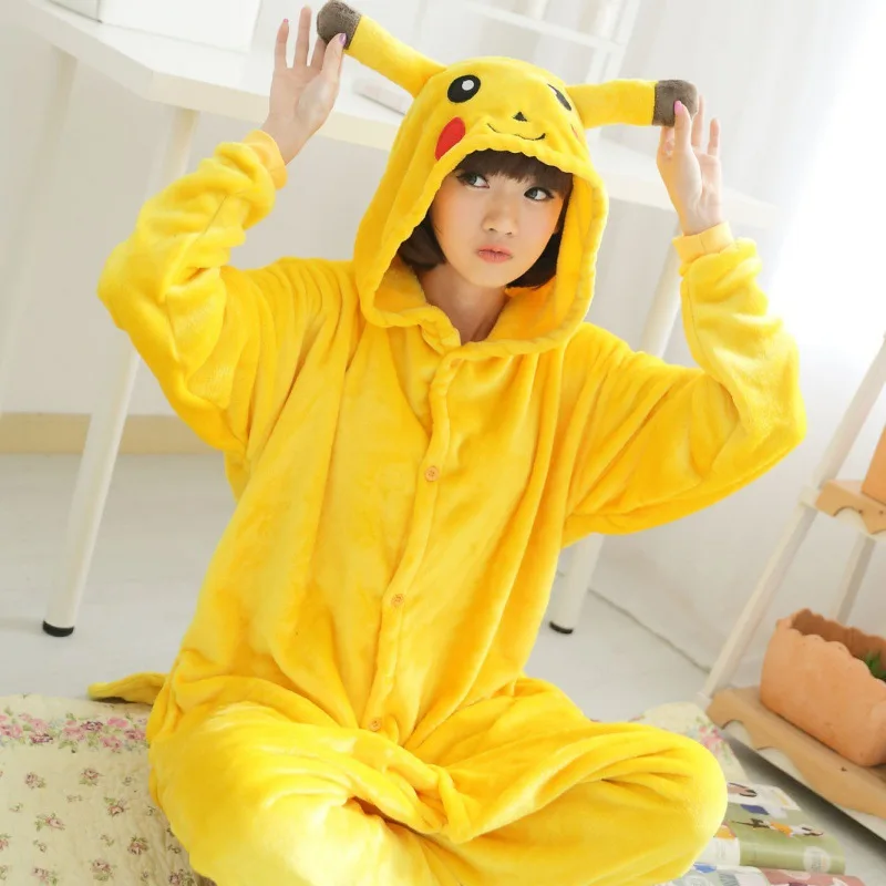 Family Winter One-Piece Pikachu Cartoon Pajamas Polyester Warm Comfortable Length  Floor Cute Open Buckle Sleepwear Cosplay