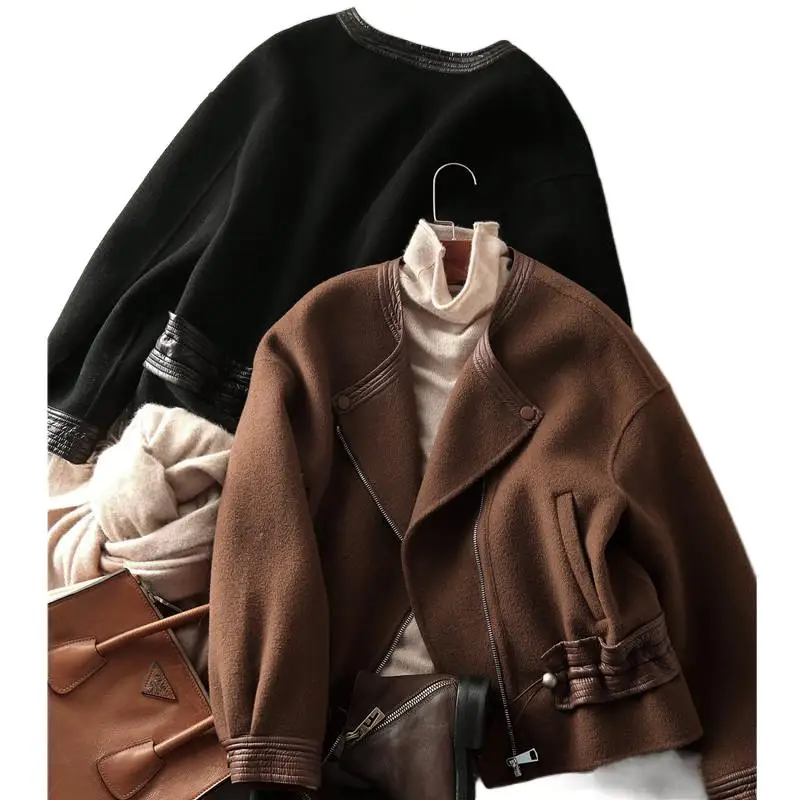 Real Wool Patchwork Genuine Leather Coat Jackets Women Female Sheep Skin Leather Drawstring Short Overcoats Zipper Outwear