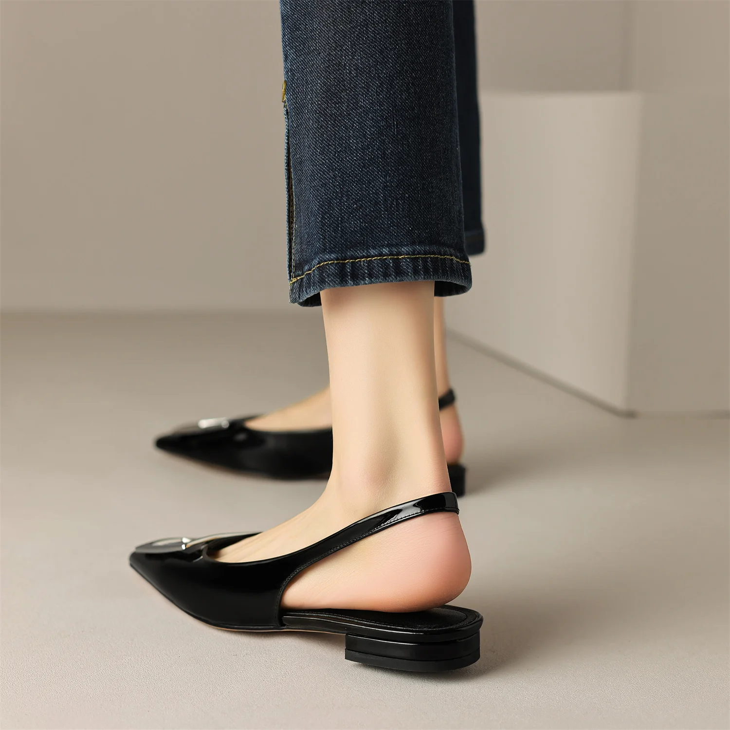 Women Sandals Genuine Leather 2023 Summer New Fashion Handmade Pointed Toe Patent Leather Low-Heeled Breathable Luxury Shoes