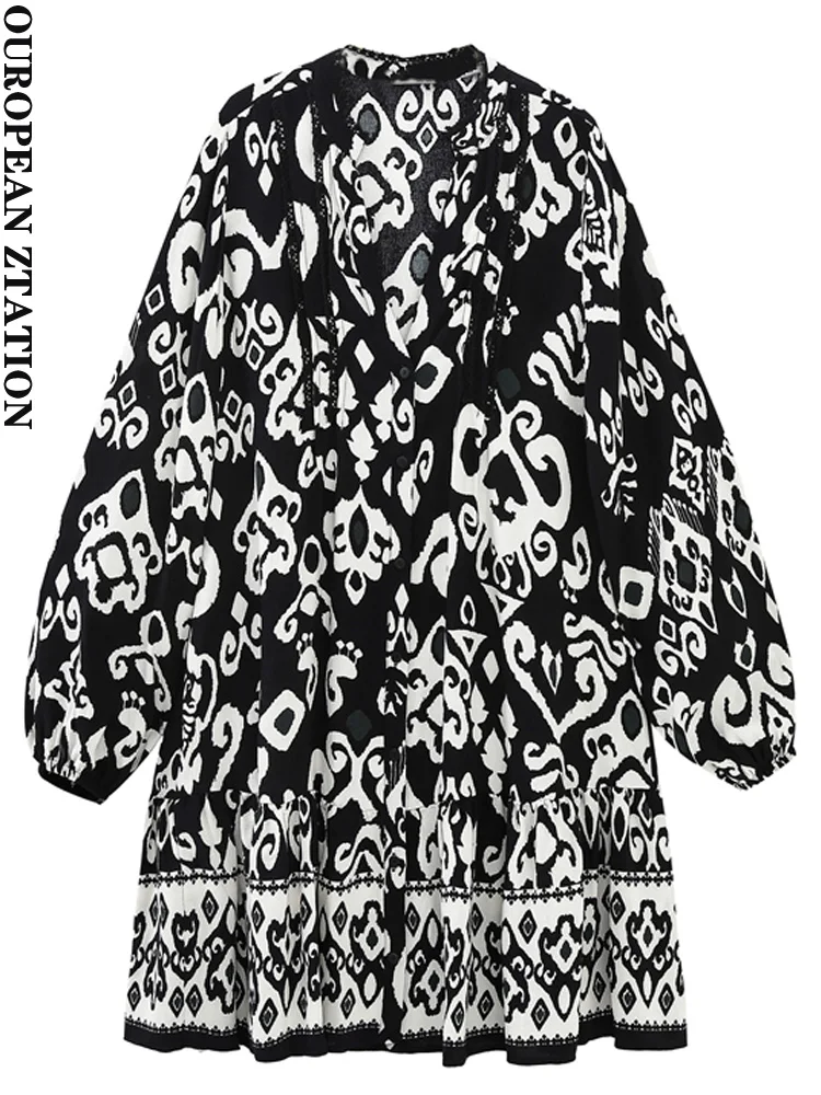 

PAILETE Women 2023 fashion with ruffled printed mini dress vintage slot collar long sleeve female dresses vestidos mujer