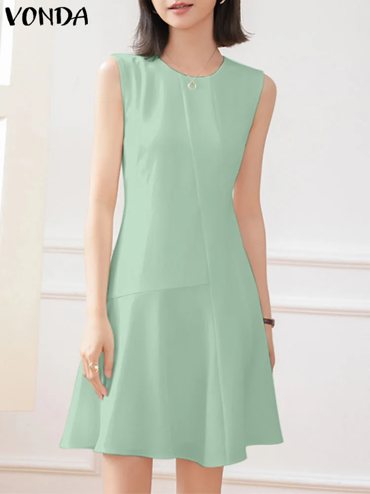 

Summer Elegant Mini Dress VONDA 2023 Fashion Women Ruffled Sleeveless Sundress Casual Solid Loose Sexy Party Streetwear Vestidos