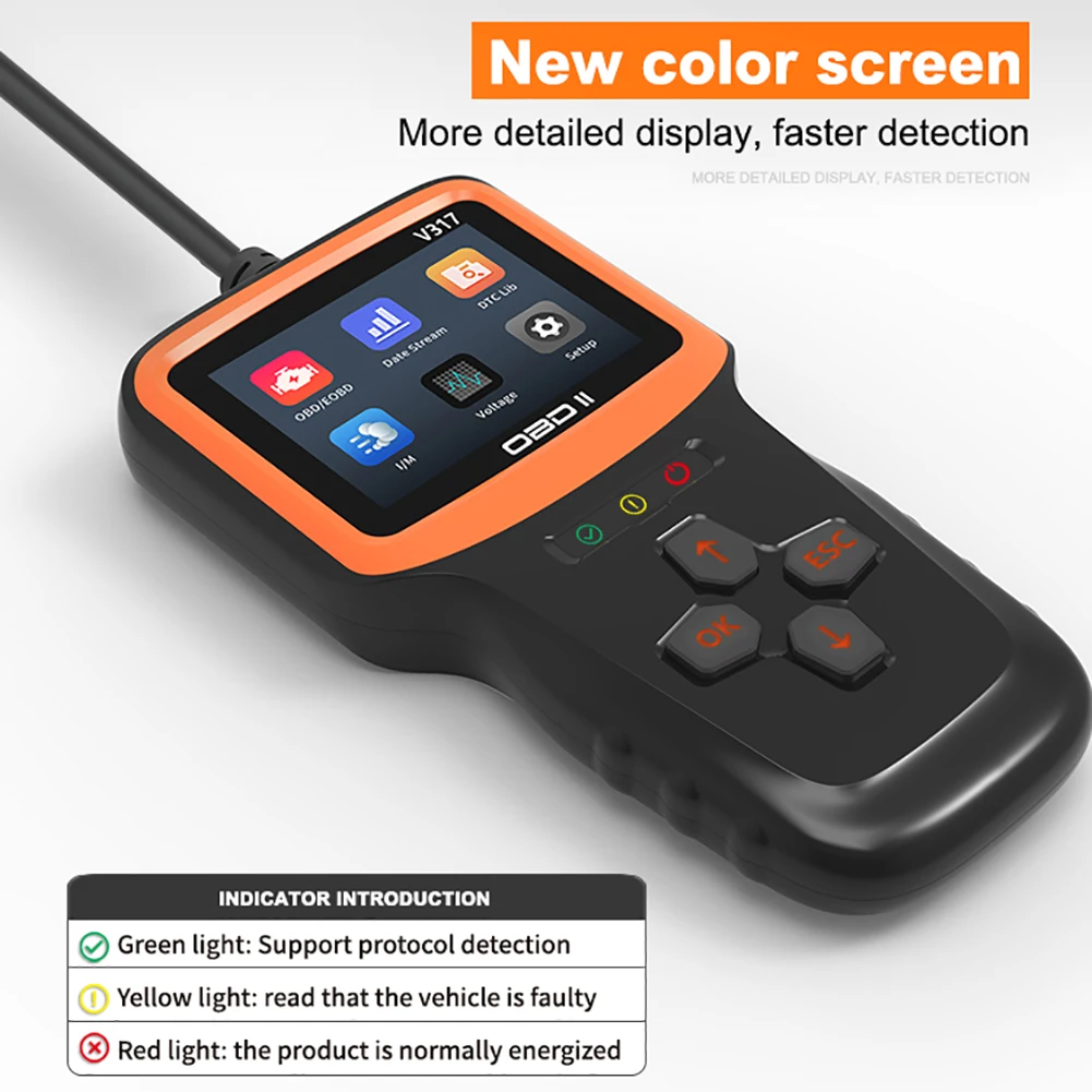 

["V317/318 OBOD2 Auto Diagnostic Scan Tester ABS Автомобильный диагностический инструмент с 2,8-дюймовым экраном Многофункциональный для кода неисправности Quey для автомобиля"]