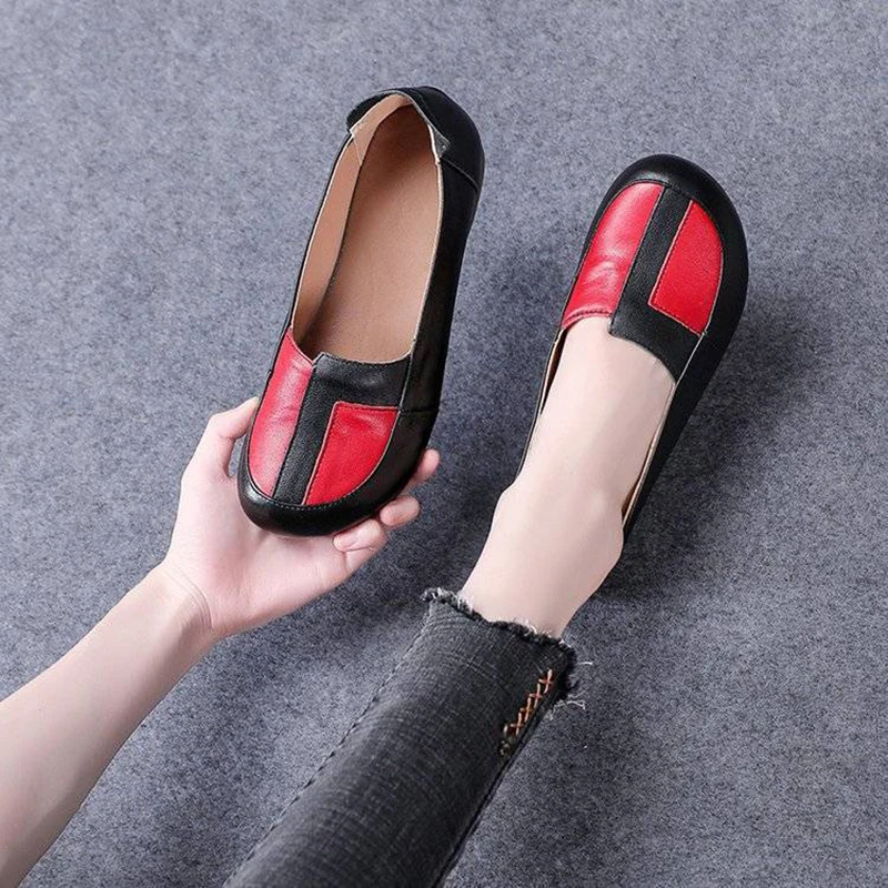 Large Size 42 Ballet Flats Women's Luxury Genuine Leather Shoes Mom Comfortable Driving Loafers Ladies Patches Slip On Moccasins
