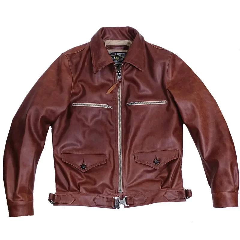 

Men's Avaitor Leather Jacket Top Gun Brown Horsehide Stiff Bomber Biker Cyclist Outfit