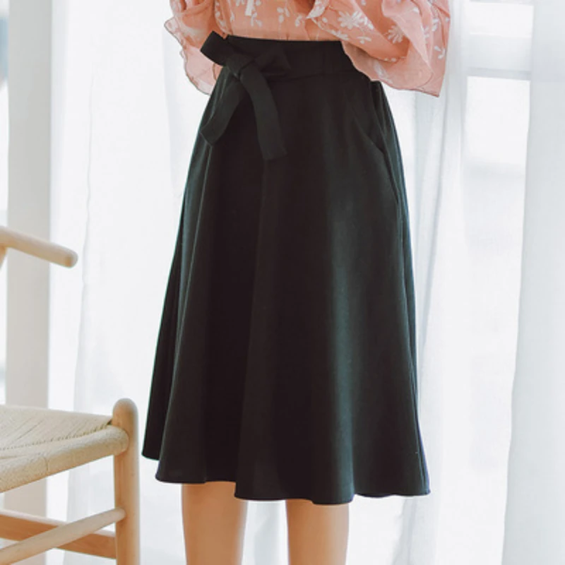 

Elegant Women Skirt High Waist Pleated Knee Length Skirt Vintage A Line Big Bow Skirts