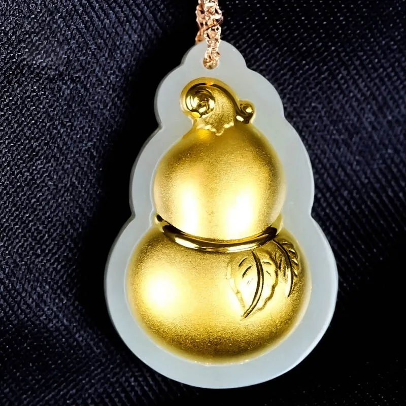 

Send Certificate Gold Inlaid Jade Pendant Gourd Pendant Necklace Women 24k Gold Hetian White Jades Charms Lucky Amulet Gifts