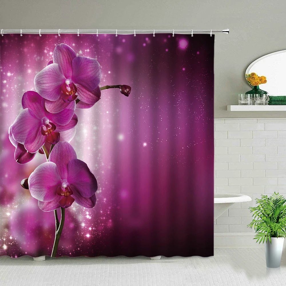 

Purple Flower Plant Orchid Shower Curtain Water Drop Pond Print Zen Garden Scenery Waterproof Bathroom Bath Curtains with Hooks