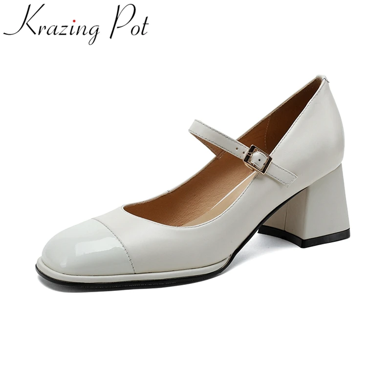 

Krazing Pot fashion cow leather shallow high heels mary janes spring shoes elegant buckle strap office lady concise women pumps