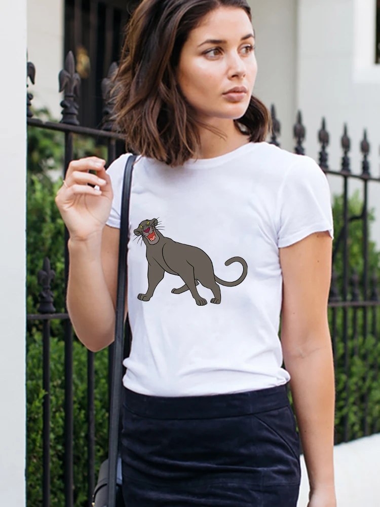 

Disney Hot Selling Women T Shirts The Jungle Book Bagheera Print High Quality White Short Sleeve Minimalist T-Shirt Lady Clothes