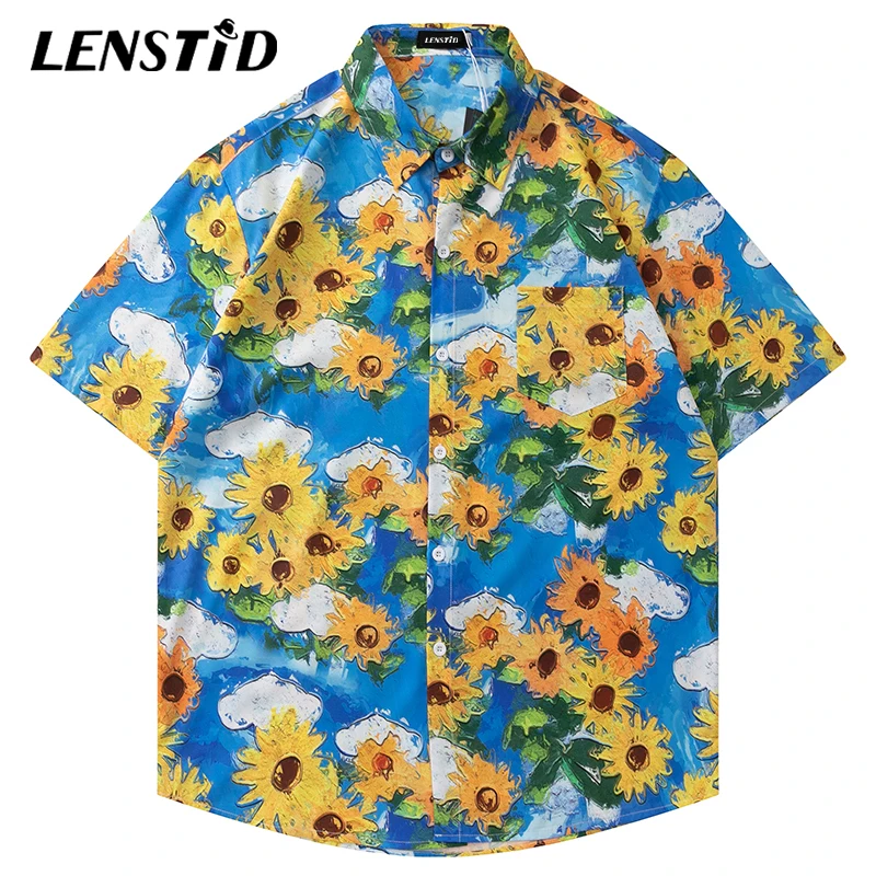 Летние мужские Гавайские пляжные рубашки LENSTID с коротким рукавом в стиле хип-хоп