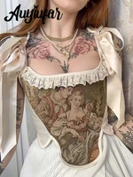 auyiufar fairy grunge aesthetic bandage corset tops renaissance retro print vintage women crop top lace hem bodycon bustier vest