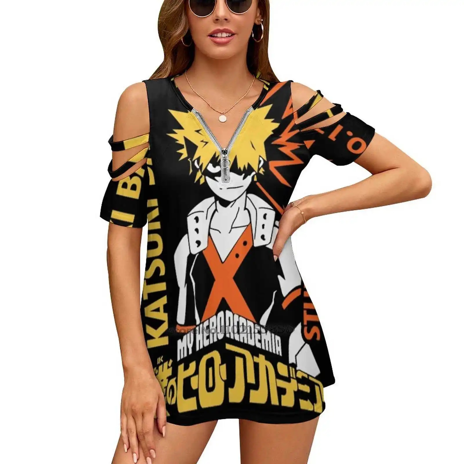 

Boku No Hero Academia Katsuki Bakugo - Kaachan Women'S Clothing V-Neck Tops Zipper Tee Ladies Casual Sexy T-Shirt Kaachan