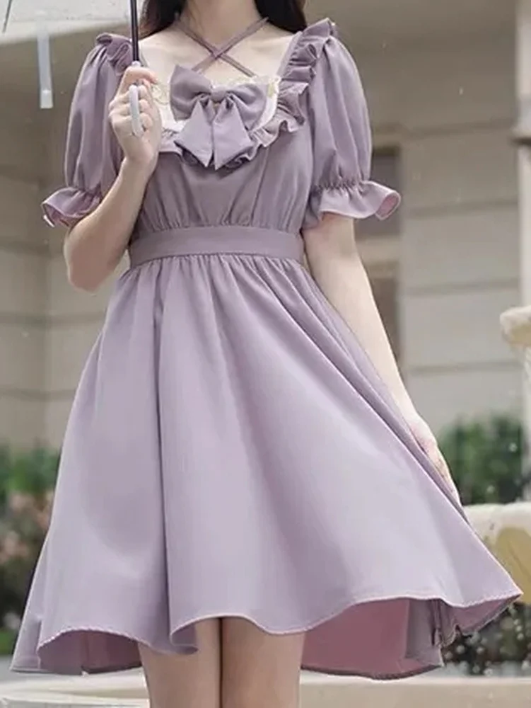 

Sweet Kawaii Lolita Dress Women Japanese Cute Ruffles Wrap Puff Sleeve Halter Short Dresses 2022 Summer Bow Soft Girls