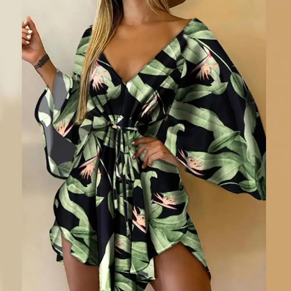 

Asymmetrical Hem Mini Dress Tropical Print Sexy Tie Front V Neck Women Dress Beachwear